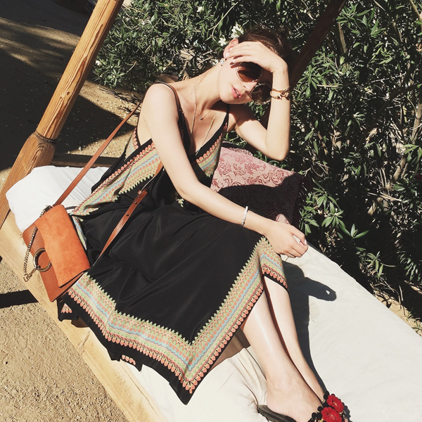 深Vネック キャミソール ワンピース キャミワンピ 膝下 ロング ロング