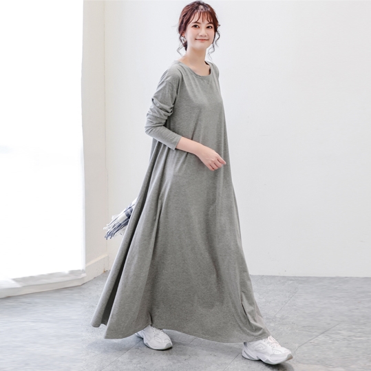 シンプル ロング ワンピース フレアワンピース 膝下 ロング丈 マキシ マキシ丈 9分丈 アンクル丈 袖あり 長袖 ドロップショルダー Uネック ラウンドネック 襟なし フレア Aライン ポケット かわいい 大人可愛い きれいめ カジュアル 大人 上品 おしゃれ こなれ感 ラフ