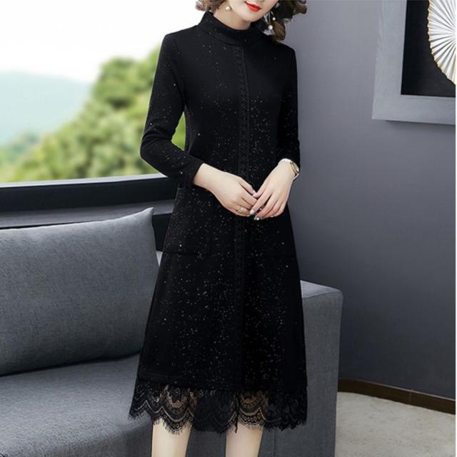 裾レース ラメ ロング パーティードレス パーティドレス 結婚式ドレス 結婚式のドレス ロング丈 袖あり 長袖 ハイネック Aライン フレア レース 刺繍 大人可愛い きれいめ 大人 上品 おしゃれ 大人女子 こなれ感 個性的 モード系 エレガント モダン 存在感 エレガント