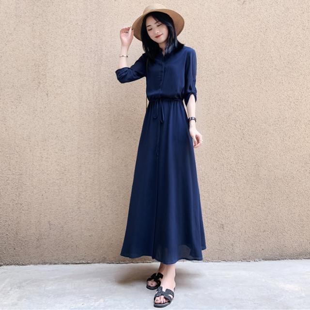 マオカラー ドローコード ワンピース フレアワンピース 膝下 ロング ロング丈 マキシ マキシ丈 9分丈 アンクル丈 袖あり 7分袖 七分袖 長袖 ロールアップ ハイネック フレア Aライン ウエストリボン 透け感 かわいい 大人可愛い きれいめ シンプル カジュアル 大人 上品