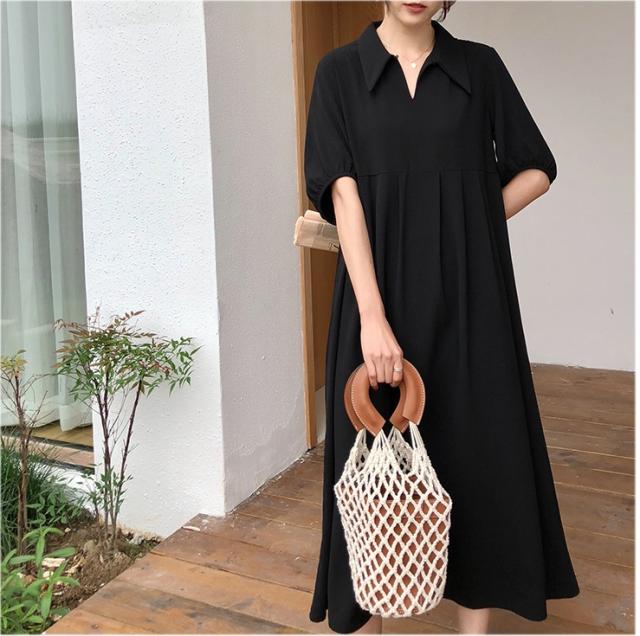Vネック 襟付き ロング ワンピース フレアワンピース 膝下 ロング