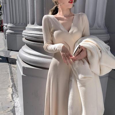 カシュクール リブ ニット ロング ワンピース フレアワンピース ニットワンピース 膝下 ロング丈 袖あり 長袖 Vネック フレア Aライン リブニット 編み込み かわいい 大人可愛い きれいめ シンプル カジュアル 大人 上品 おしゃれ 大人女子 こなれ感 ラブリー エレガント