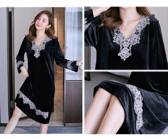 レース ベルベット風 ロング ルームウェア パジャマ 部屋着 寝巻き