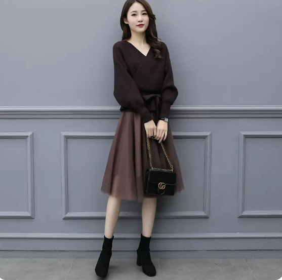 ツーピース セーター スカート チュールスカート 膝丈 ひざ丈 膝下 袖