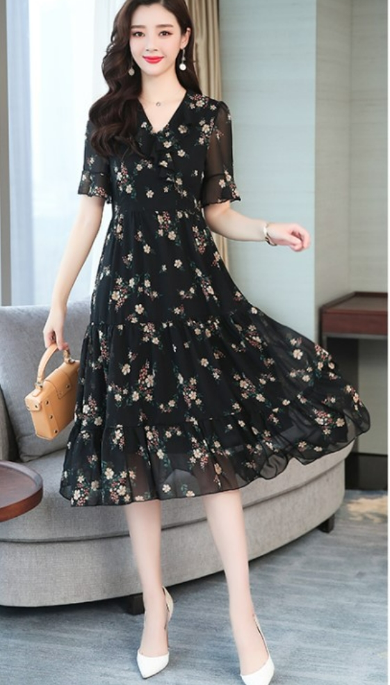 花柄 シフォンワンピース ワンピース 膝下 ミディアム丈 袖あり 半袖 V