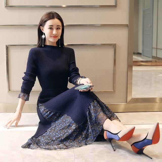 ドッキングワンピース セーター シフォンスカート 膝下 ミモレ ミモレ