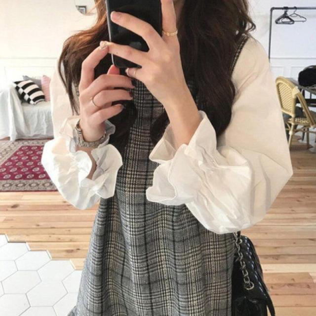 ワンピース ミドル丈 袖あり 長袖 ラウンドネック Aライン フリル