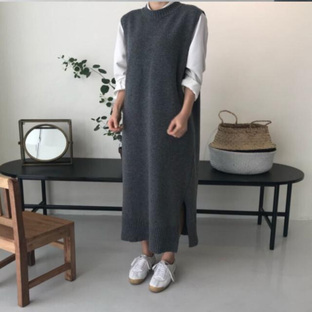 ワンピース ニットワンピース ロング丈 ロングワンピース ノースリーブ スリット サイドスリット ラウンドネック かわいい 大人可愛い きれいめ シンプル カジュアル 大人 上品 おしゃれ お洒落 レトロ 大人女子 こなれ感 とろみ感 無地 秋 冬 10代 20代 30代 40代 OL 通勤 ワンピース ニットワンピース ロング丈 ロングワンピース ノースリーブ