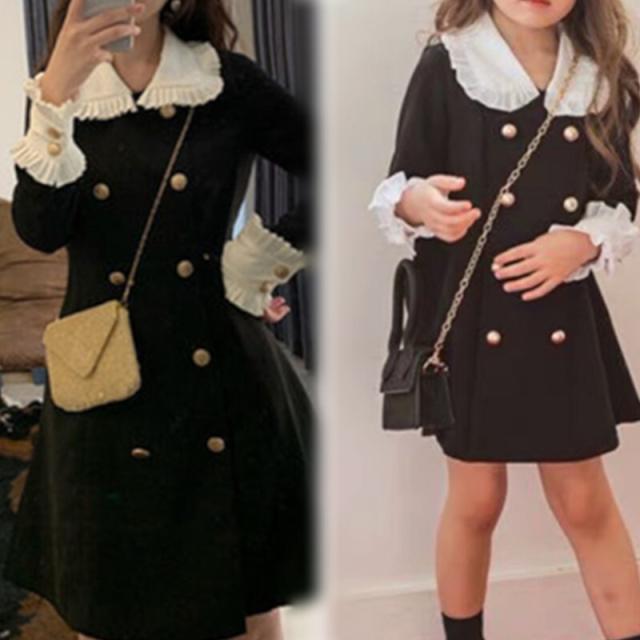 親子ペア お揃い ワンピース キッズワンピース ミニ丈 袖レース 袖あり 長袖 金ボタン 大人可愛い かわいい きれいめ おしゃれ ラブリー キュート ガーリー 春 秋 誕生日 フォーマル 女子会 10代 20代 30代 レディース 女性用 お出かけ ホテル子供 キッズ M ブラック