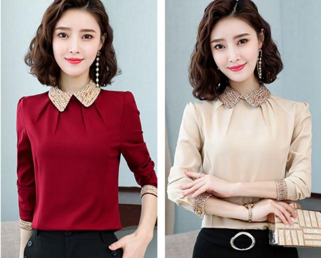 シフォンブラウス ドールカラー トップス シャツ ブラウス プルオーバー 袖あり 長袖 襟付き タイト 細身 シフォン デザインカラー 大人可愛い きれいめ 大人 上品 おしゃれ お洒落 レトロ 大人女子 エレガント 柄 春 秋 オケージョン フォーマル 20代 30代 40代 50代 ママ OL シフォンブラウス ドールカラー トップス シャツ ブラウス プル