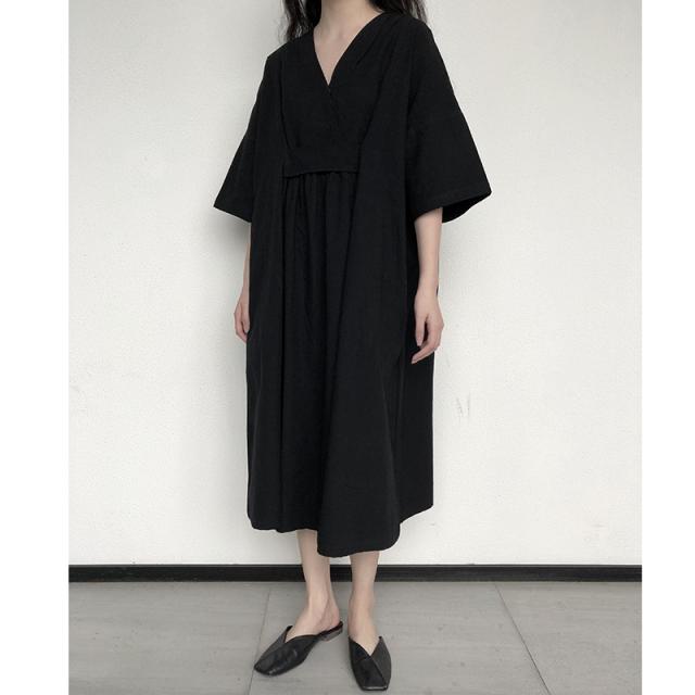 Vネック 5分袖 ワンピ ワンピース フレアワンピース 膝下 ロング