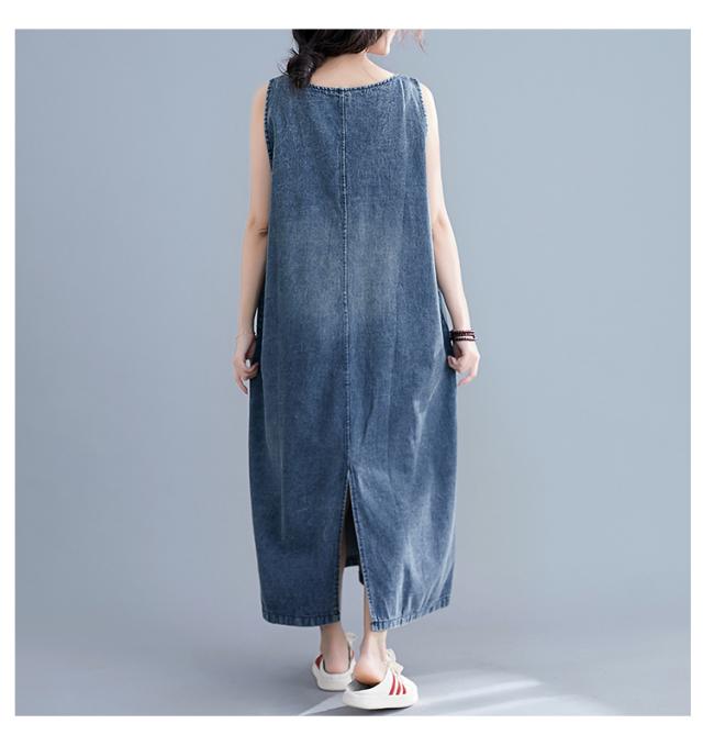 デニム ロング ジャンパースカート ワンピース フレアワンピース 膝下