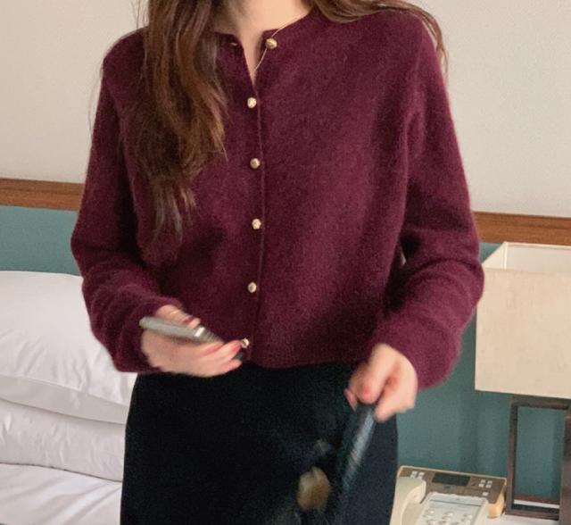 金ボタン ショート丈 ニット カーディガン トップス ショート 袖あり