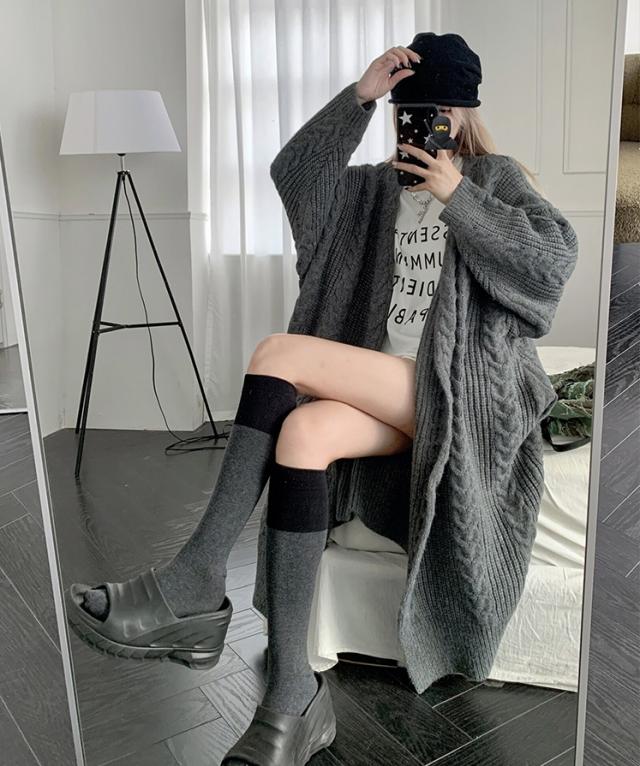 ケーブル編み ロング ニット カーディガン トップス アウター 膝下