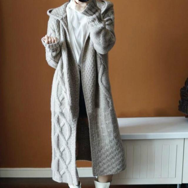 ロングカーディガン ロングカーデ フード付きロングニットカーデ ロングニットカーディガン ケーブルニットカーデ ケーブルニット トップス アウター カーディガン パーカー コート トップス ロング ロング丈 袖あり 長袖 ドロップショルダー ストレート ケーブルニット
