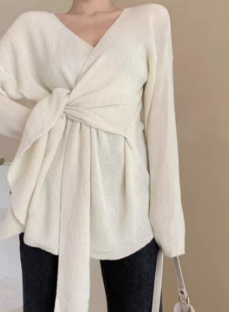 トップス カシュクールニットソー ミディアム丈 袖あり 長袖