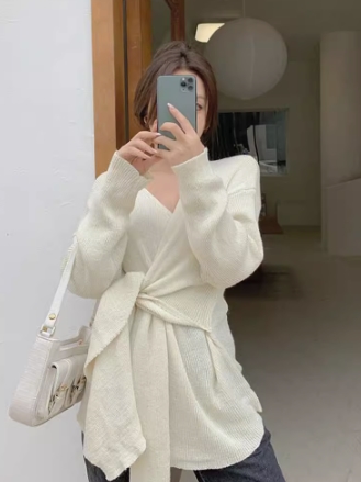 トップス カシュクールニットソー ミディアム丈 袖あり 長袖