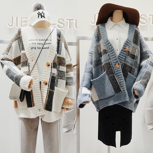 トップス アウター カーディガン ミディアム丈 袖あり 長袖 Vネック 襟なし ポケット 前開き ニット ウール かわいい 大人可愛い シンプル カジュアル 大人 おしゃれ レトロ アジアン エスニック エキゾチック ラフ ルーズ 柄 格子柄 秋 冬 10代 20代 レディース 女性用 通勤