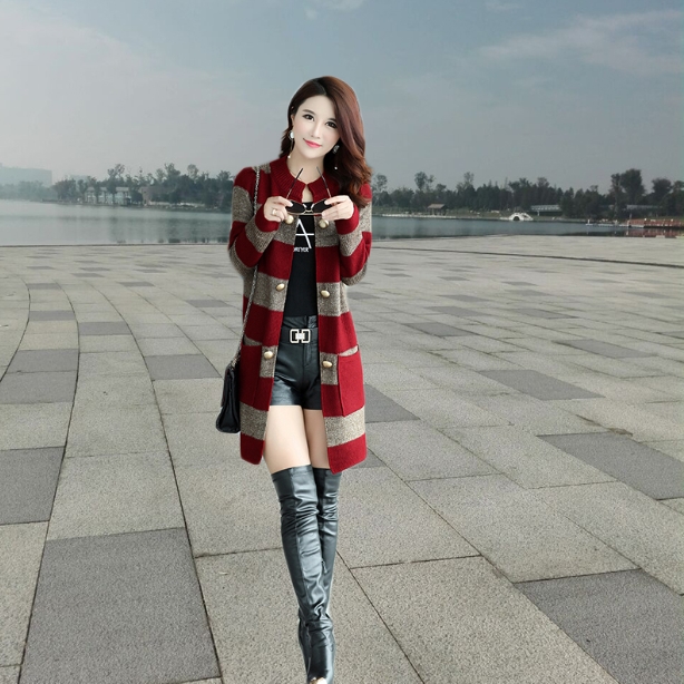 トップス アウター カーディガン ロング ロング丈 袖あり 長袖 襟なし スタンドカラー ストレート ポケット 前開き ニット かわいい 大人可愛い シンプル カジュアル おしゃれ かっこいい アジアン エスニック エキゾチック ラフ ルーズ 柄 ボーダー 秋 冬 20代 30代