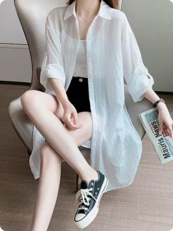 トップス ワンピース デート シャツ カーディガン 上着 白シャツ 白トップス シャツワンピース フレアワンピース ワンピドレス ミモレ ミモレ丈 ミディアム丈 袖あり 7分袖 七分袖 長袖 ボリューム袖 フレアスリーブ ホルンスリーブ 萌袖 襟付き フレア セミフレア 細身