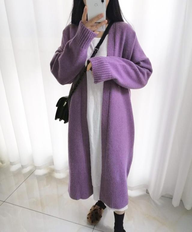 トップス アウター カーディガン ロング ロング丈 袖あり 長袖 Vネック 襟なし もこもこ モコモコ 前開き ニット 厚手 かわいい 大人可愛い シンプル カジュアル レトロ アジアン エスニック エキゾチック 大人女子 ラフ ルーズ 無地 秋 冬 20代 30代 通勤 デート お出かけ_6