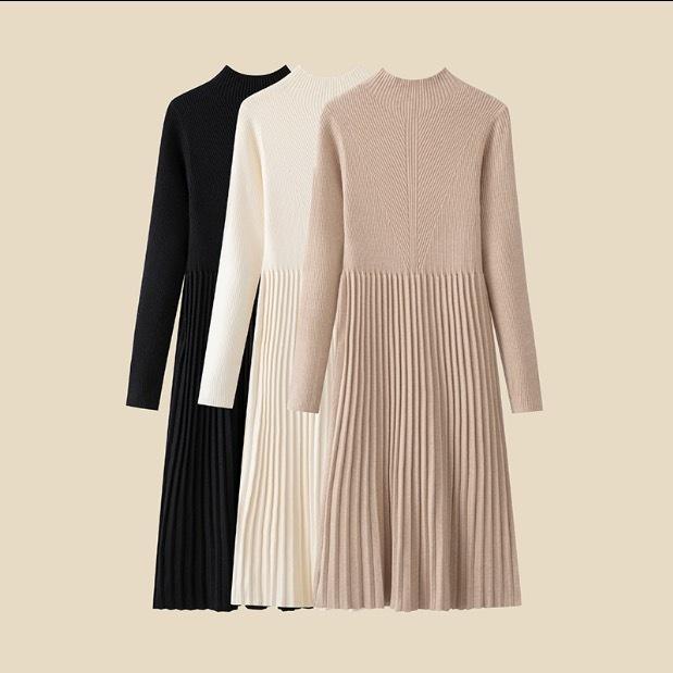 ワンピース デート フレアワンピース ワンピドレス ロング ロング丈 マキシ マキシ丈 ミディアム丈 袖あり 長袖 ボリューム袖 フレアスリーブ 萌袖 襟付き ハイネック フレア セミフレア 細身 ストレート Aライン 切り替えデザイン スマート プリーツ ウエストマーク 前開き