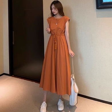 ワンピース フレアワンピース ワンピドレス 膝下 ロング丈 袖なし ノースリーブ ラウンドネック 襟なし フレア Aライン ウエストリボン ハイウエスト 綿 かわいい 大人可愛い シンプル カジュアル おしゃれ アジアン エスニック こなれ感 ラフ 無地 柄 格子柄 夏 20代 30代