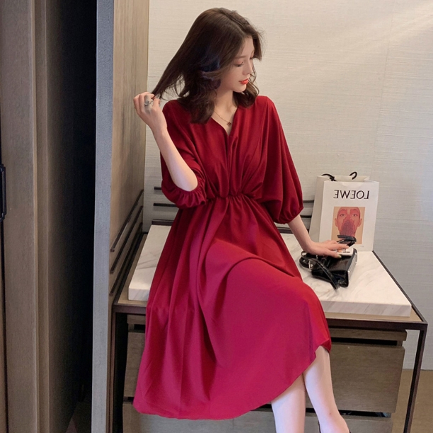 ワンピース ワンピドレス 膝下 ロング ロング丈 袖あり 5分袖 五分袖 ドルマンスリーブ Vネック 襟なし セミフレア Aライン ハイウエスト かわいい 大人可愛い きれいめ シンプル カジュアル 上品 おしゃれ アジアン エスニック エキゾチック セクシー エレガント 無地 夏 秋