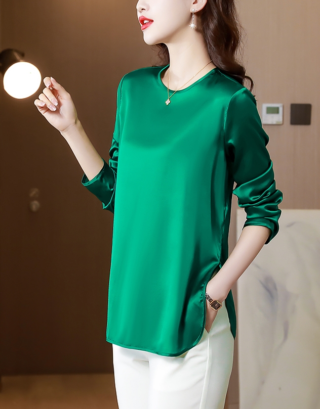 トップス シャツ ミディアム丈 袖あり 長袖 ラウンドネック 襟なし