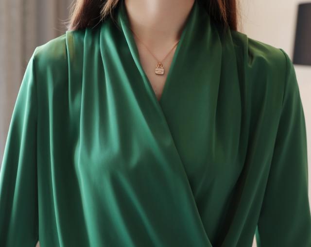 トップス シャツ ミディアム丈 袖あり 長袖 カシュクール 襟なし