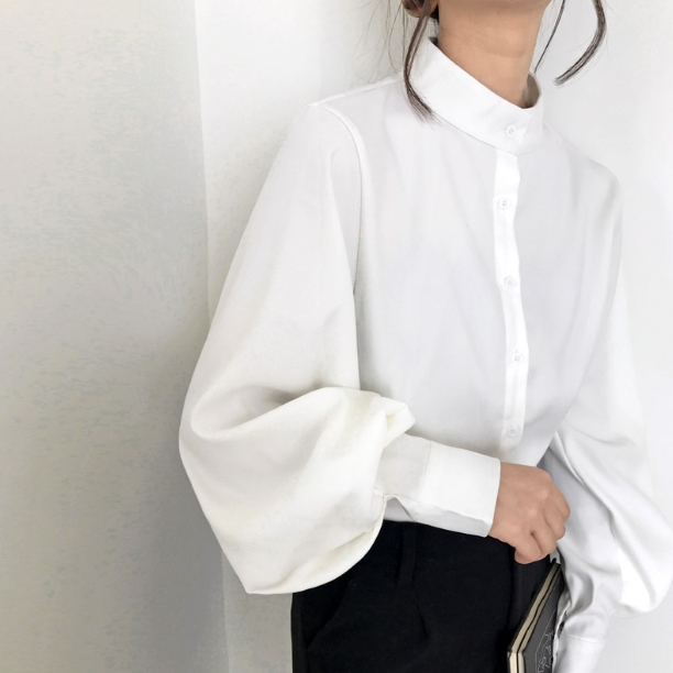 トップス シャツ ミディアム丈 袖あり 長袖 ボリューム袖 襟なし スタンドカラー 前開き かわいい 大人可愛い きれいめ シンプル 大人 上品 おしゃれ お洒落 レトロ アジアン エスニック エキゾチック 大人女子 ラフ フォーマル とろみ感 無地 春 秋 20代 30代 レディースの通販は