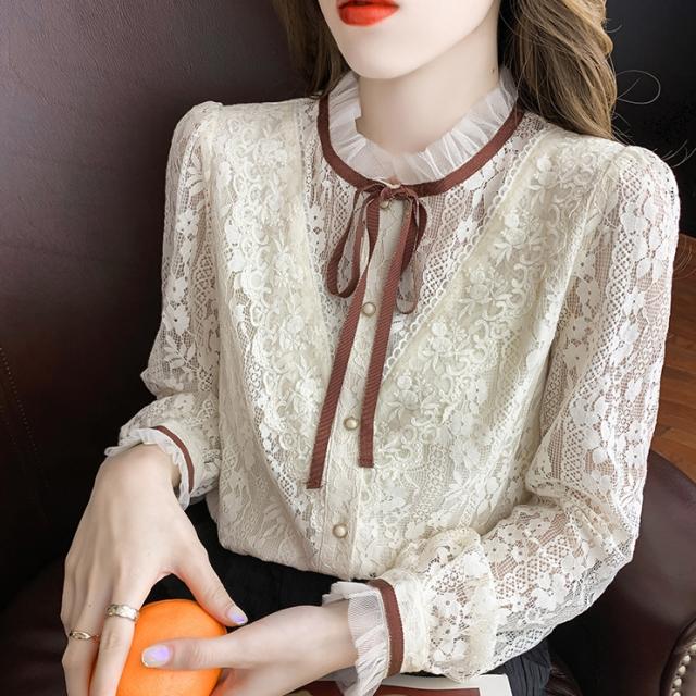 トップス シャツ ミディアム丈 袖あり 長袖 パフスリーブ 襟なし スタンドカラー レース 前開き 透け感 かわいい 大人可愛い きれいめ 大人 上品 おしゃれ レトロ アジアン エスニック エキゾチック 大人女子 ラフ ラブリー キュート エレガント 主役級 柄 花柄 フラワー 春