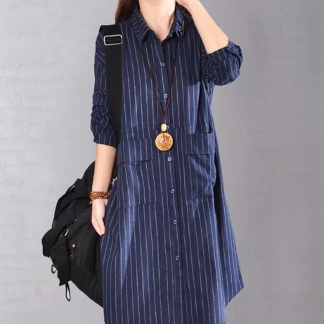 ワンピース シャツワンピース ワンピドレス 膝丈 ひざ丈 袖あり 長袖 襟付き ストレート Iライン ポケット 前開き 綿 かわいい 大人可愛い シンプル カジュアル おしゃれ お洒落 レトロ アジアン エスニック エキゾチック ラフ 柄 ストライプ 春 秋 20代 30代 レディース