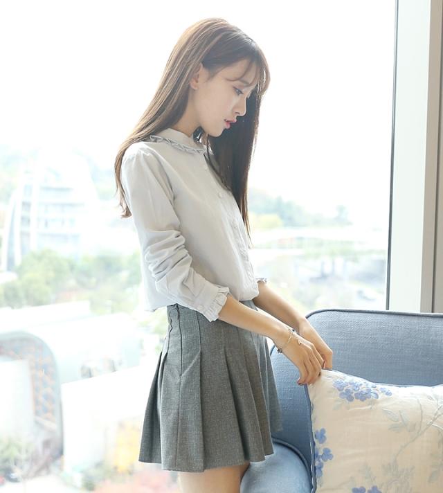 トップス シャツ ブラウス ミディアム丈 袖あり 長袖 襟なし スタンド