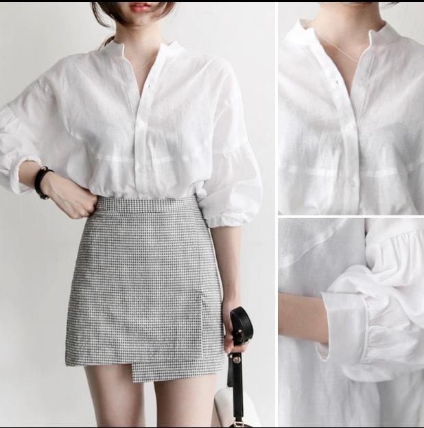 トップス デート シャツ ブラウス カットソー 白シャツ 白トップス ミディアム丈 袖あり 7分袖 七分袖 長袖 ボリューム袖 フレアスリーブ ホルンスリーブ 萌袖 襟付き スタンドカラー フレア セミフレア 細身 ストレート ワイド Aライン Iライン 切り替えデザイン スマートの通販は 7,320円