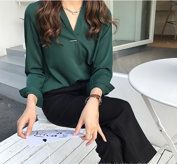 Vネック ボウタイ風 シフォン とろみ ブラウス トップス シャツ 白