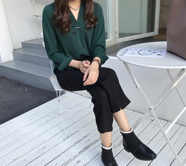 Vネック ボウタイ風 シフォン とろみ ブラウス トップス シャツ 白