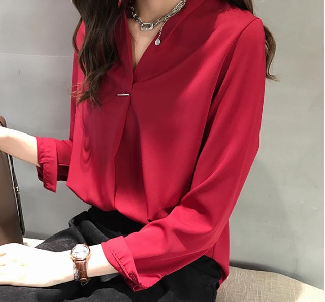 Vネック ボウタイ風 シフォン とろみ ブラウス トップス シャツ 白