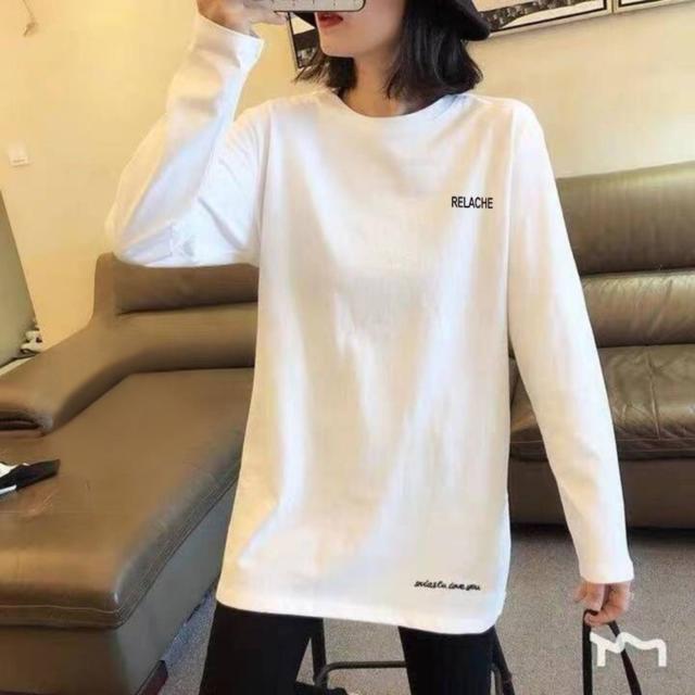 裾ラウンド ロンT トップス Tシャツ 白トップス ロング ロング丈 袖あり 長袖 Uネック クルーネック 襟なし Iライン かわいい 大人可愛い シンプル カジュアル 大人 おしゃれ かっこいい こなれ感 ラフ スポーティー ラブリー キュート ルーズ クール モード系 抜け感