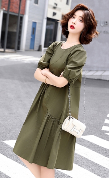 ワンピース ワンピドレス 膝丈 ひざ丈 袖あり 半袖 パフスリーブ ラウンドネック 襟なし セミフレア Aライン かわいい 大人可愛い シンプル カジュアル 大人 上品 おしゃれ お洒落 アジアン エスニック エキゾチック 大人女子 ラフ フォーマル 無地 夏 秋 20代 30代 ワンピース ワンピドレス 膝丈 ひざ丈 袖あり 半袖 パフスリーブ