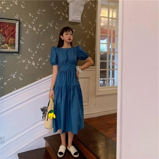 大人かわいい 半袖 パフスリーブ ワンピース ドレス ひざ下 ワンピース ワンピドレス 膝下 ロング ロング丈 袖あり 半袖