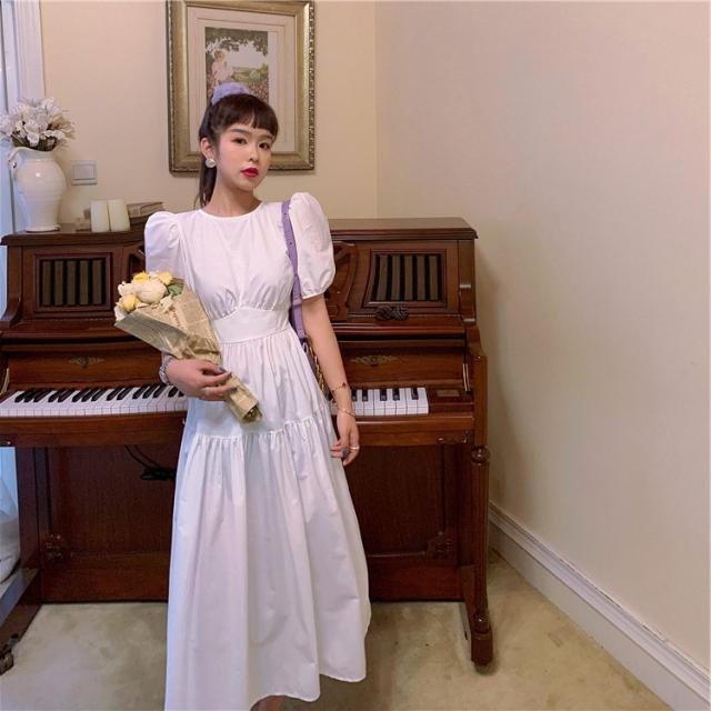 ワンピース ワンピドレス 膝下 ロング ロング丈 袖あり 半袖 パフスリーブ ラウンドネック 襟なし フレア Aライン ハイウエスト かわいい 大人可愛い きれいめ シンプル 上品 おしゃれ アジアン エスニック エキゾチック ラフ 主役級 フォーマル 無地 夏 秋 10代 20代 30代 ワンピース ワンピドレス 膝下 ロング ロング丈 袖あり 半袖