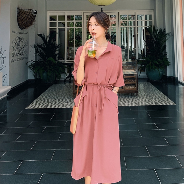 ワンピース シャツワンピース ワンピドレス 膝下 ロング丈 袖あり 5分袖 襟付き Iライン シフォン リボン ウエストリボン ポケット ハイウエスト かわいい 大人可愛い シンプル 上品 おしゃれ アジアン エスニック エキゾチック ラフ フォーマル 無地 夏 秋 20代 30代