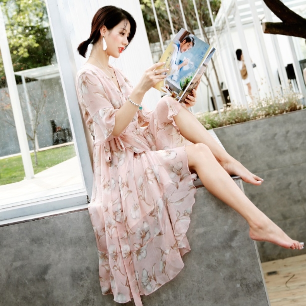 ワンピース ワンピドレス ロング丈 袖あり 半袖 ホルンスリーブ カシュクール 襟なし セミフレア Aライン シフォン ウエストリボン ハイウエスト 大人可愛い シンプル おしゃれ アジアン エスニック ラフ セクシー 主役級 フォーマル 柄 花柄 夏 秋 結婚式 披露宴 10代 20代