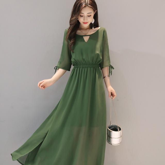 ドレス パーティードレス 二次会ドレス 披露宴ドレス Aラインドレス 膝下 ロング丈 袖あり 五分袖 ラウンドネック 襟なし Aライン シフォン スリット サイドスリット ハイウエスト 透け感 かわいい 大人可愛い きれいめ シンプル 上品 おしゃれ アジアン エスニック