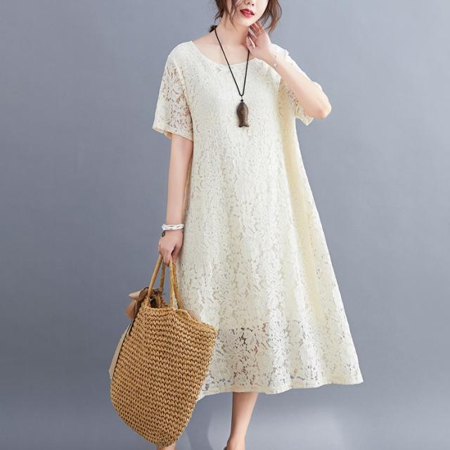 ワンピース ワンピドレス ロング ロング丈 袖あり 半袖 ラウンドネック 襟なし セミフレア Aライン レース かわいい 大人可愛い シンプル 大人 上品 お洒落 アジアン エスニック エキゾチック 大人女子 存在感 柄 花柄 夏 秋 20代 30代 レディース 女性用 通勤 デート
