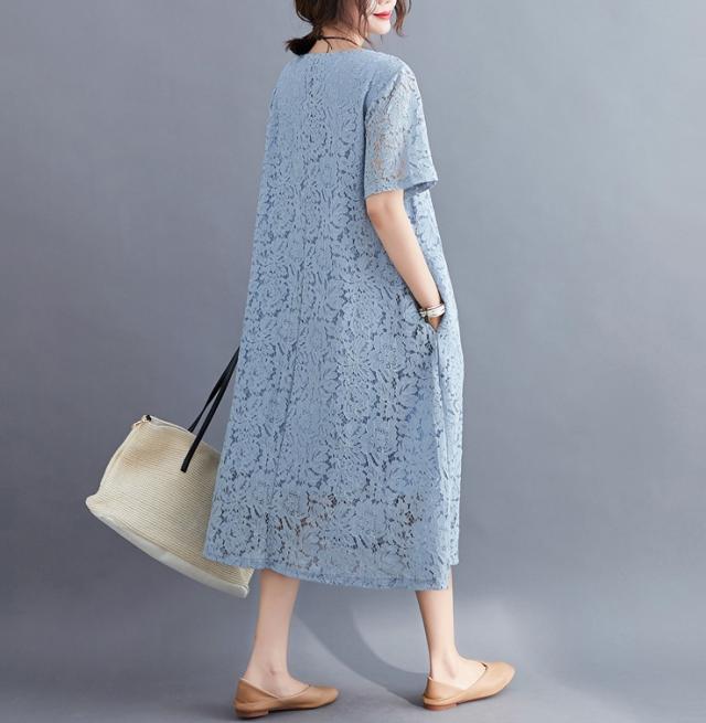 ワンピース ワンピドレス ロング ロング丈 袖あり 半袖 ラウンドネック