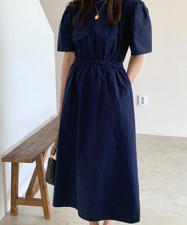 ワンピース ワンピドレス ロング ロング丈 袖あり 半袖 ラウンドネック 襟なし セミフレア Aライン ファスナー ハイウエスト 綿 かわいい 大人可愛い シンプル カジュアル 大人 上品 おしゃれ お洒落 レトロ アジアン エスニック エキゾチック 大人女子 無地 夏 秋 20代 30代_2
