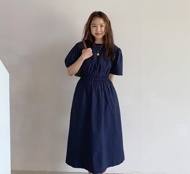 ワンピース ワンピドレス ロング ロング丈 袖あり 半袖 ラウンドネック 襟なし セミフレア Aライン ファスナー ハイウエスト 綿 かわいい 大人可愛い シンプル カジュアル 大人 上品 おしゃれ お洒落 レトロ アジアン エスニック エキゾチック 大人女子 無地 夏 秋 20代 30代_5
