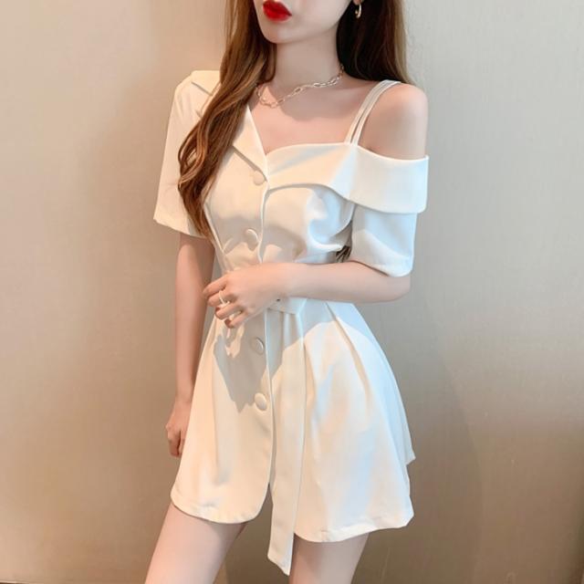 ワンピース ワンピドレス ショート ショート丈 袖あり 半袖 オフショルダー 襟付き ベルト ハイウエスト 前開き かわいい 大人可愛い シンプル 大人 おしゃれ お洒落 アジアン エスニック エキゾチック 大人女子 セクシー 存在感 無地 夏 秋 10代 20代 レディース 女性用